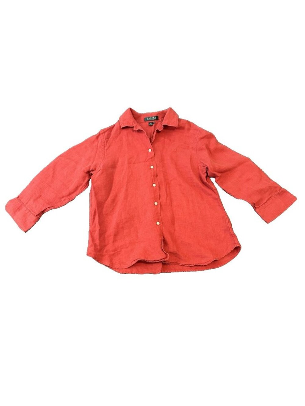 Lauren Ralph Lauren 100% Linen Shirt Petite M Coral Red Button Front Lightweight